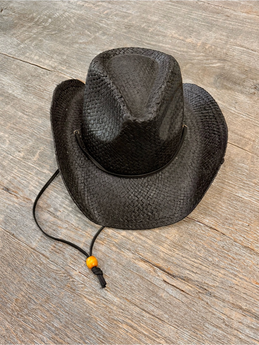 Black Woven Straw Cowboy Hat with Chin Cord